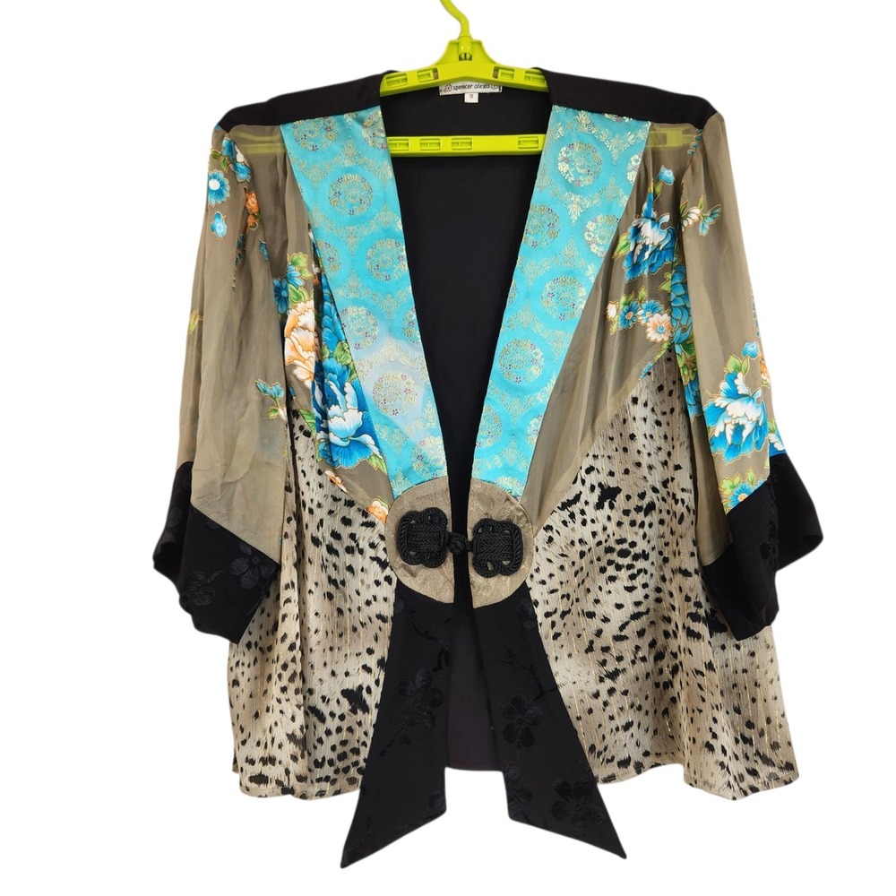 Vintage Spencer Alexis Women's Size 1X Kimono Top Velvet Sheer Turquoise Burnout